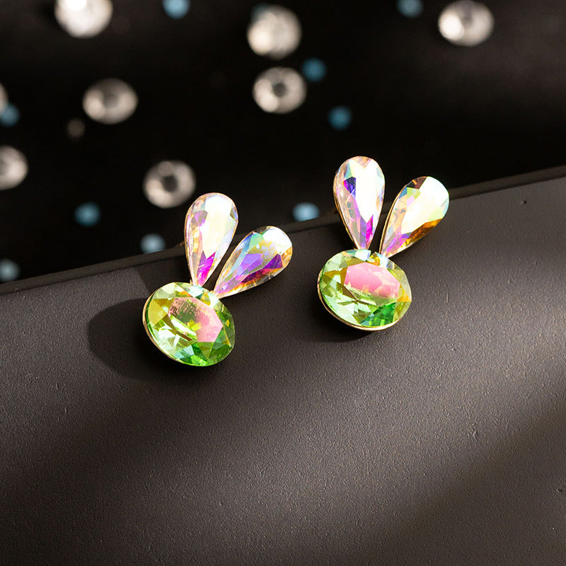 Cute Rabbit Faceted Stud Earrings For Women With 925 Sterling Silver Posts And Crystal Inlay In Zinc Alloy
