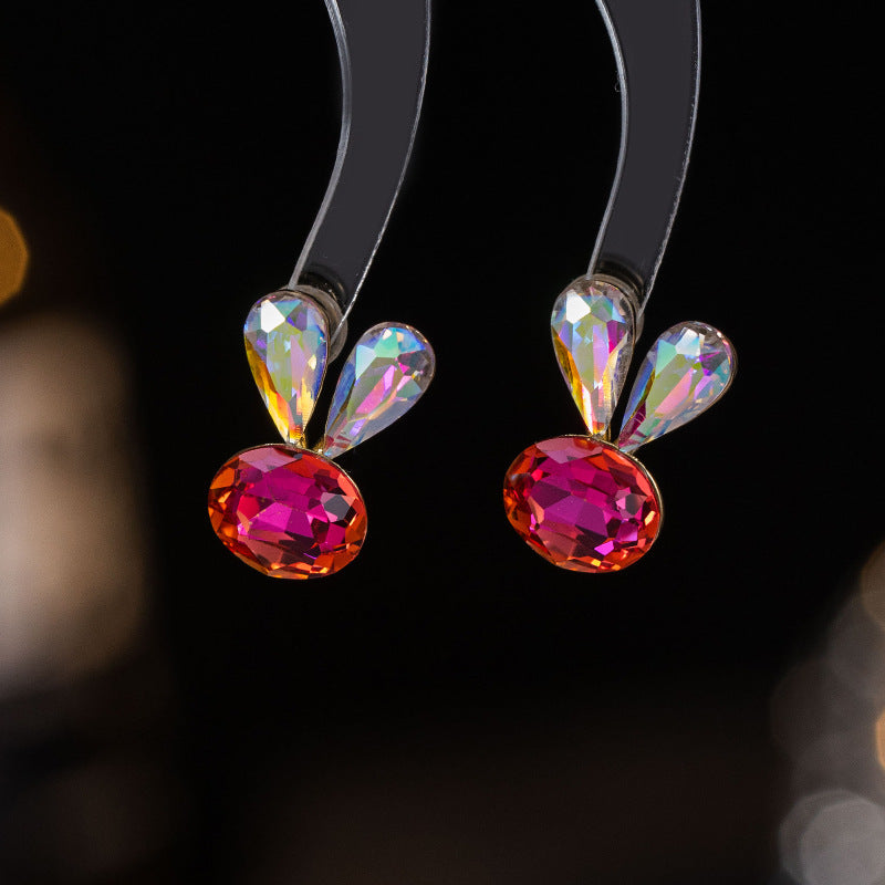 Cute Rabbit Faceted Stud Earrings For Women With 925 Sterling Silver Posts And Crystal Inlay In Zinc Alloy