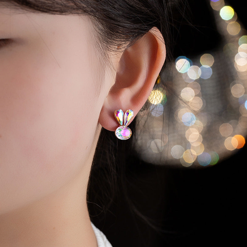 Cute Rabbit Faceted Stud Earrings For Women With 925 Sterling Silver Posts And Crystal Inlay In Zinc Alloy