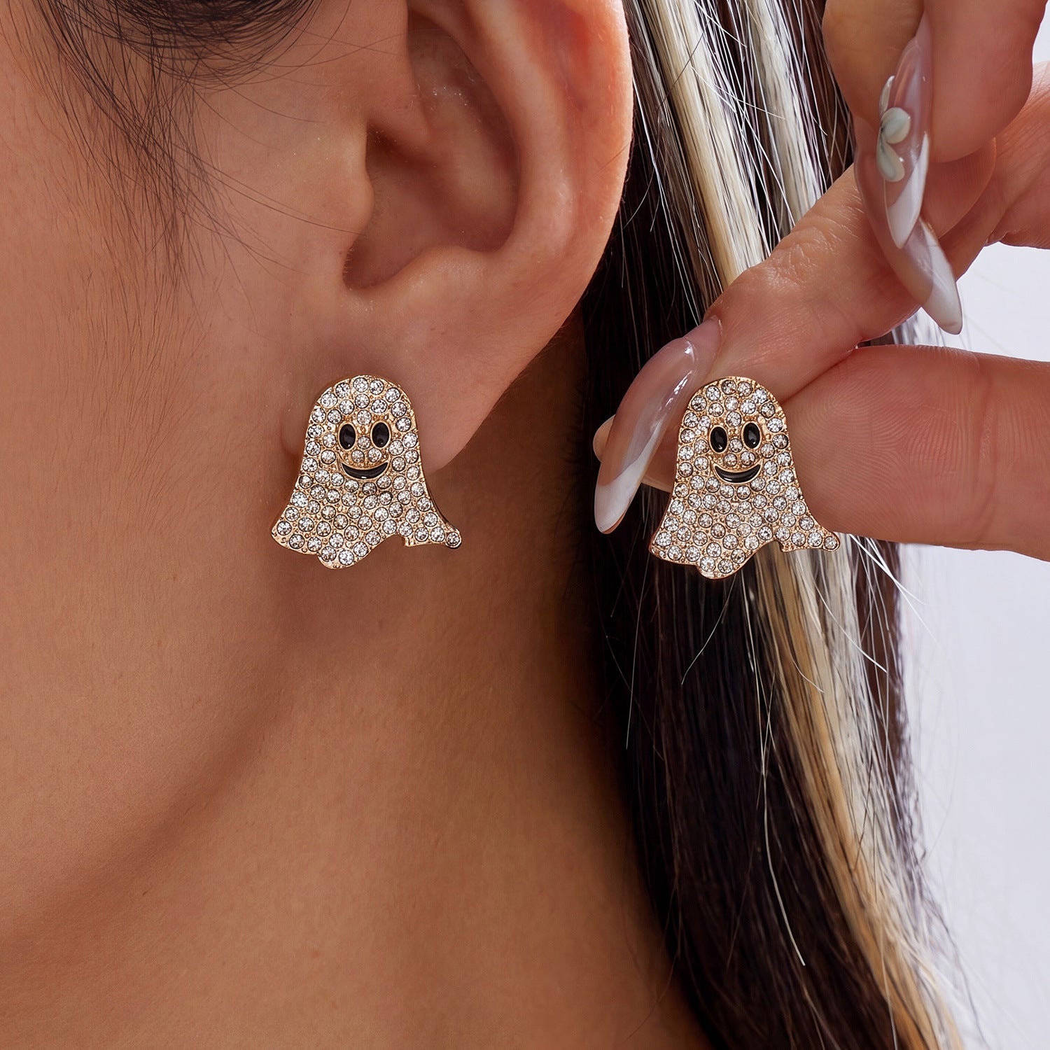 Gothic Smiley Face Halloween Stud Earrings For Women With Tassel Craft In Zinc Alloy And Rhinestone Inlay