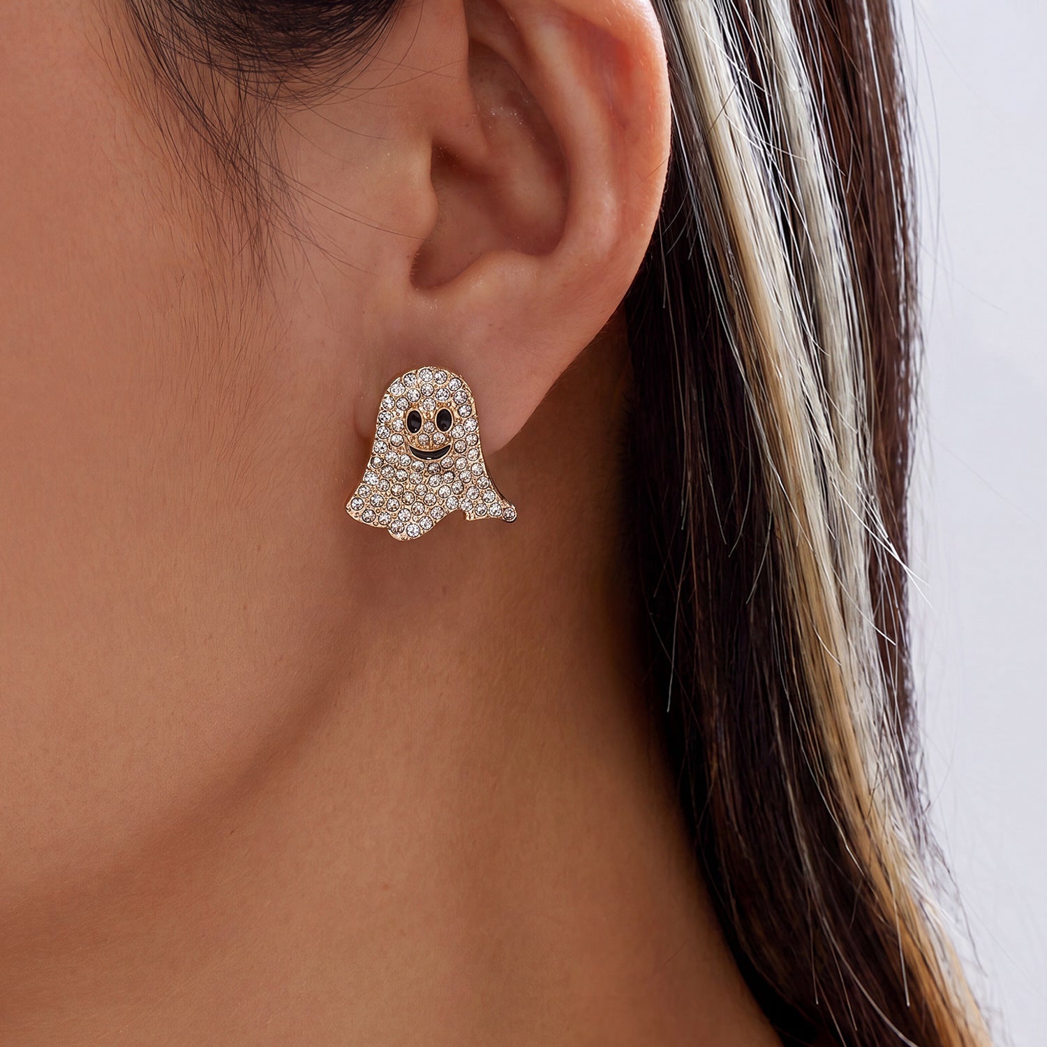 Gothic Smiley Face Halloween Stud Earrings For Women With Tassel Craft In Zinc Alloy And Rhinestone Inlay