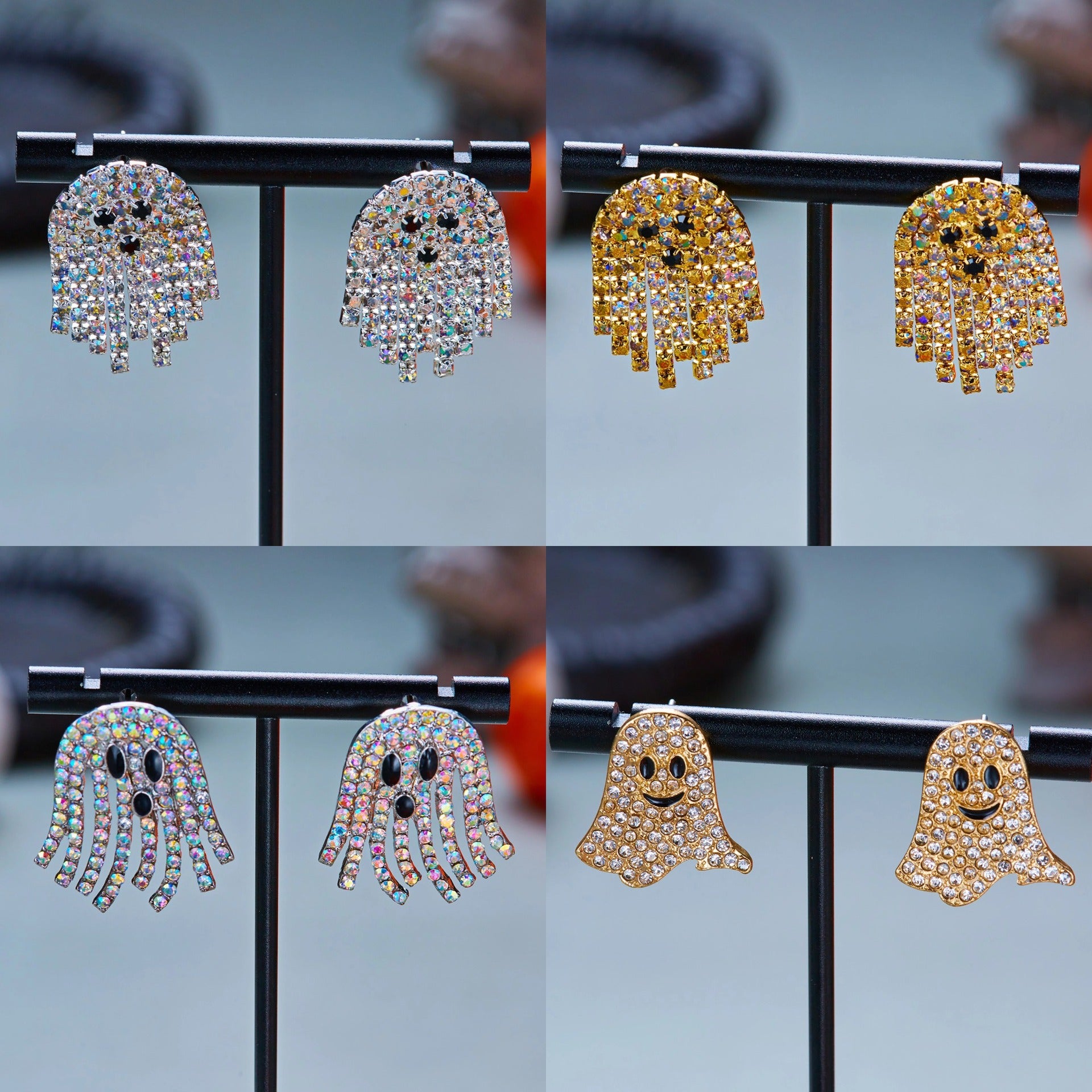 Gothic Smiley Face Halloween Stud Earrings For Women With Tassel Craft In Zinc Alloy And Rhinestone Inlay