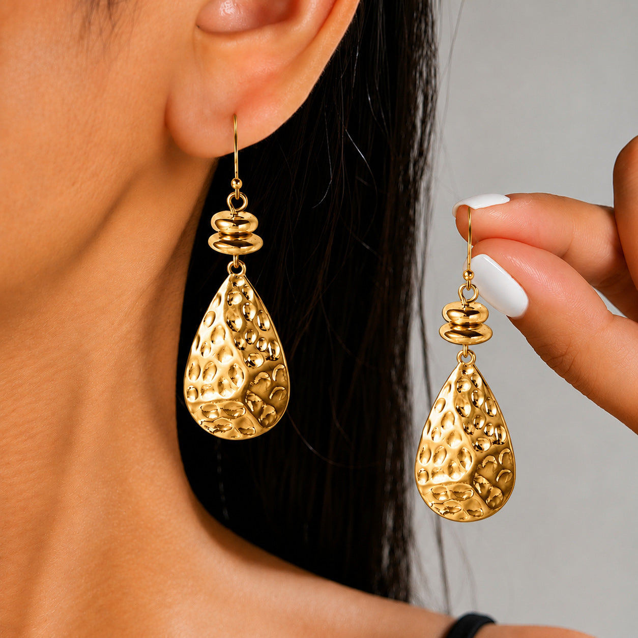 Hammered Gold Water Droplets Earrings For Women With Iron Zinc Alloy Ear Pins