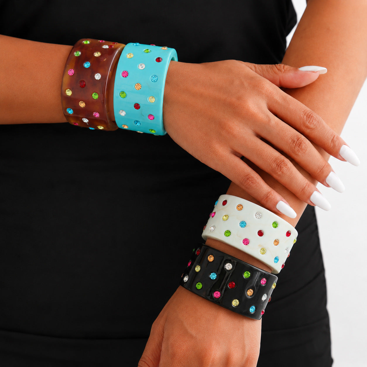 Exaggerated C Shape Bangle For Women In Sky Blue Resin With Rhinestone Inlay