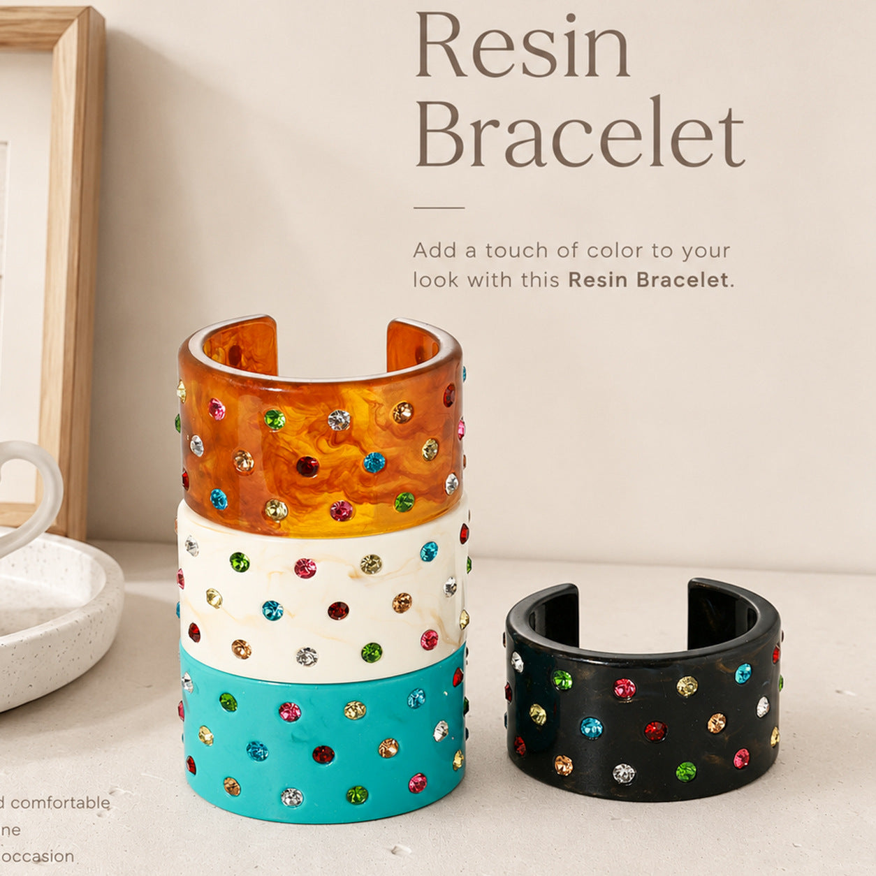 Exaggerated C Shape Bangle For Women In Sky Blue Resin With Rhinestone Inlay