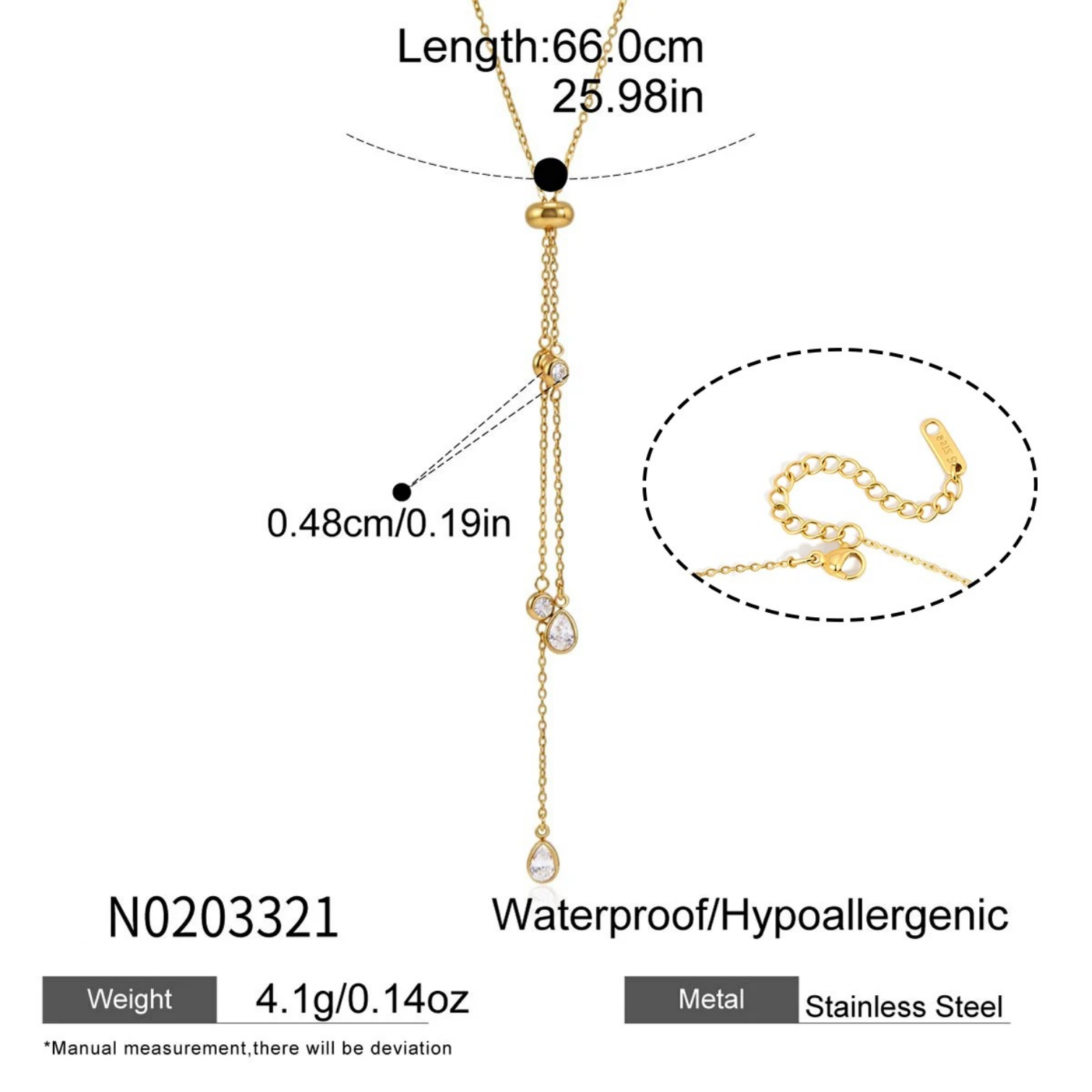 Hypoallergenic Tassel Necklace For Women, 18K Gold Plated 304 Stainless Steel Chain With Zircon Inlay