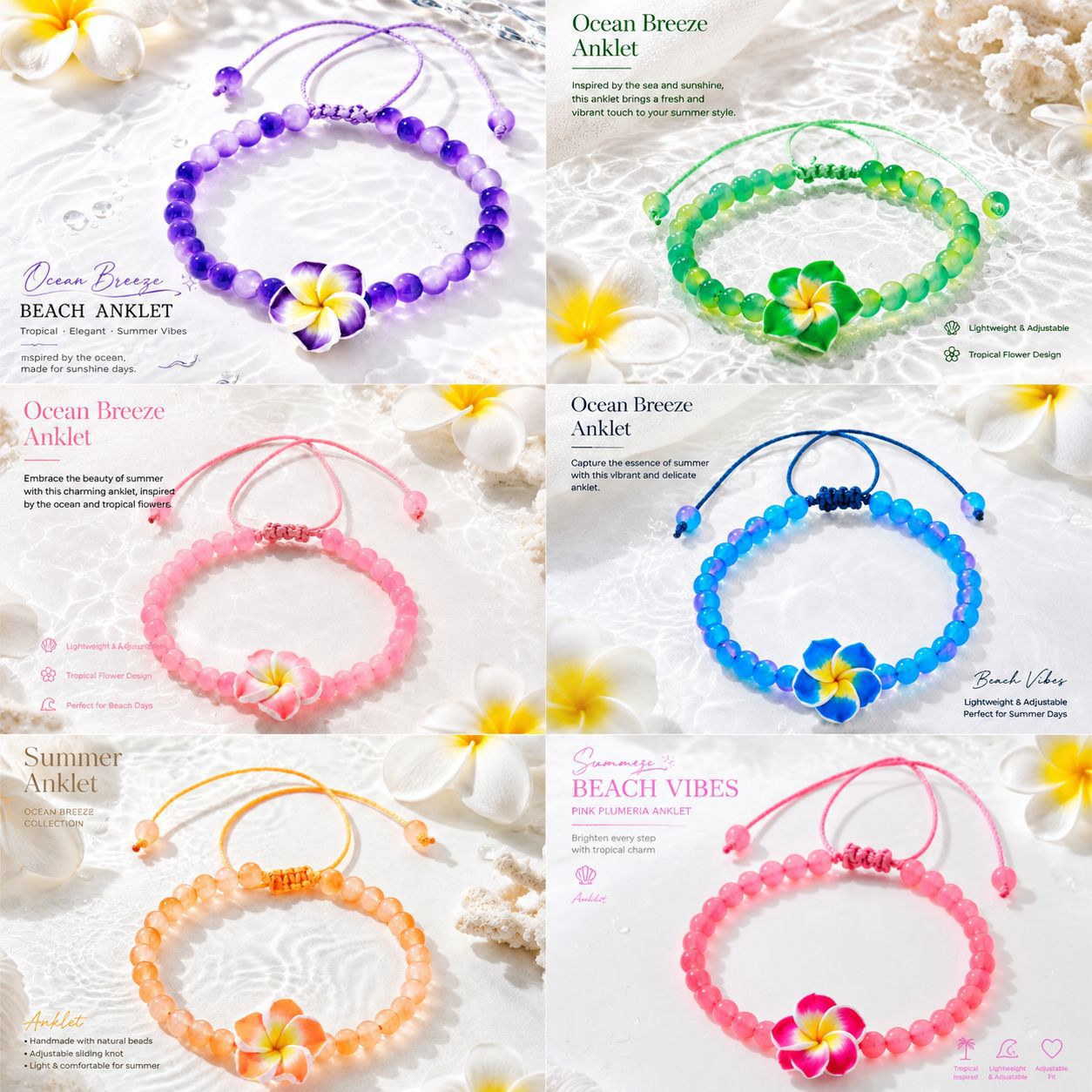 Set Of 6 Multicolor Glass Beading Anklets Featuring Plumeria Pattern For Unisex