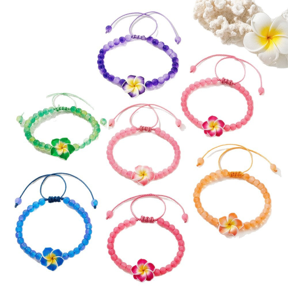 Set Of 6 Multicolor Glass Beading Anklets Featuring Plumeria Pattern For Unisex