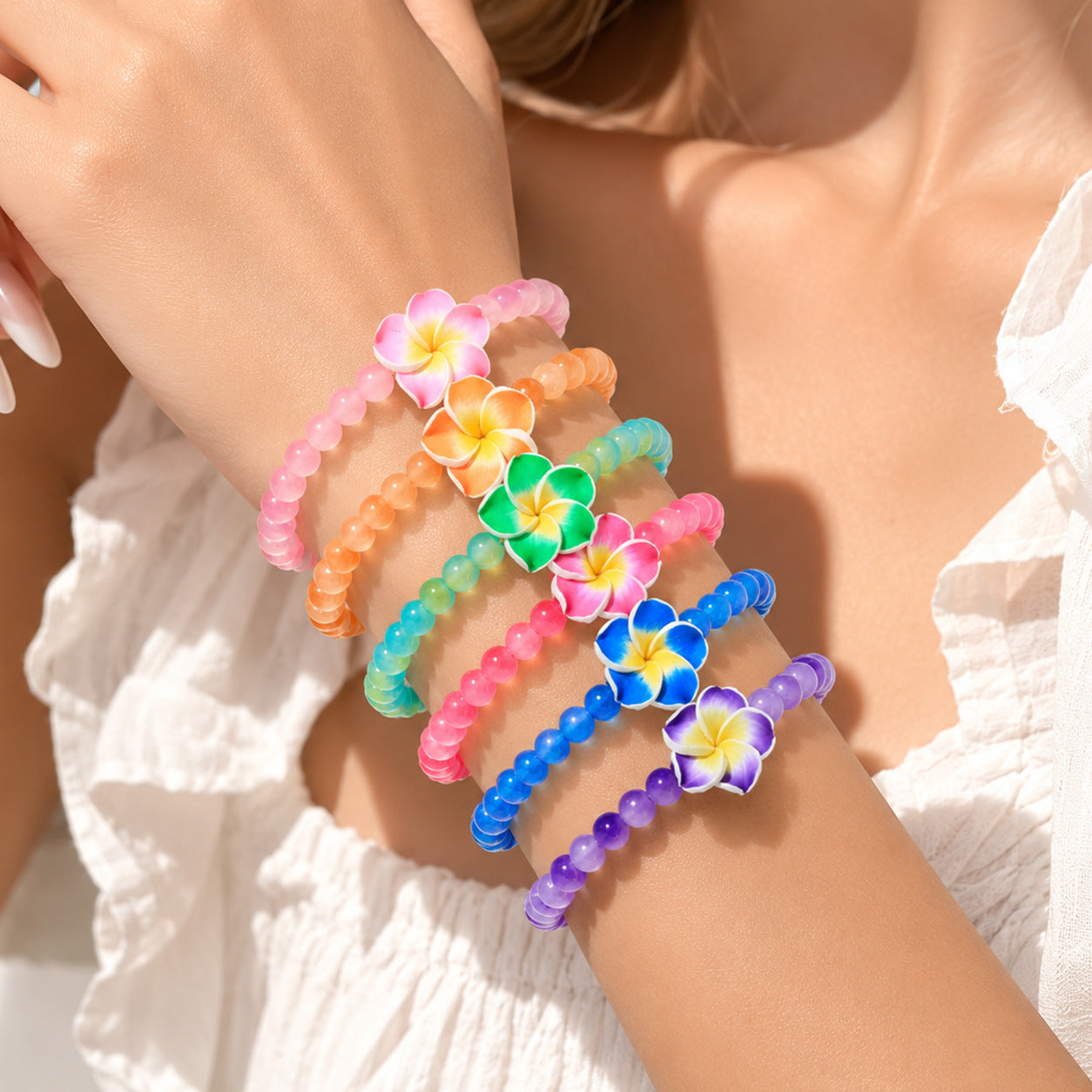 Set Of 6 Multicolor Glass Beading Anklets Featuring Plumeria Pattern For Unisex