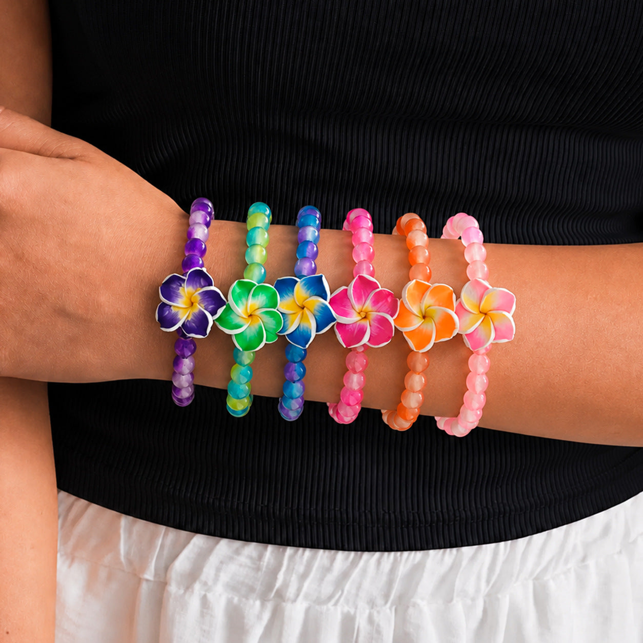 Set Of 6 Multicolor Glass Beading Anklets Featuring Plumeria Pattern For Unisex