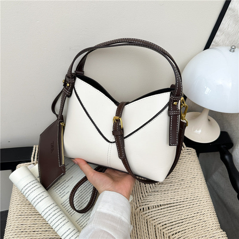 Color Block PU Leather Bucket Bag With Sewing Thread Detail, Single Shoulder Strap, Perfect For  Spring And Summer