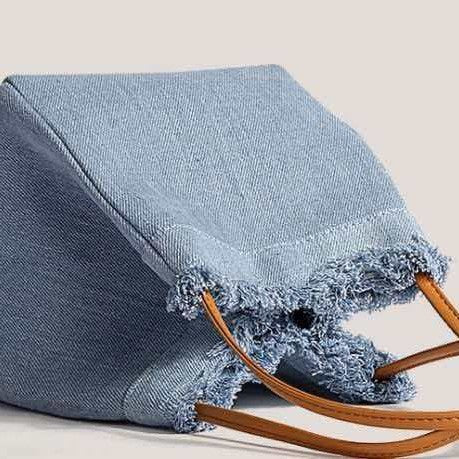 Denim Square Splicing Tote Bag With Sewing Thread Detail, Double Handle, Perfect For Summer