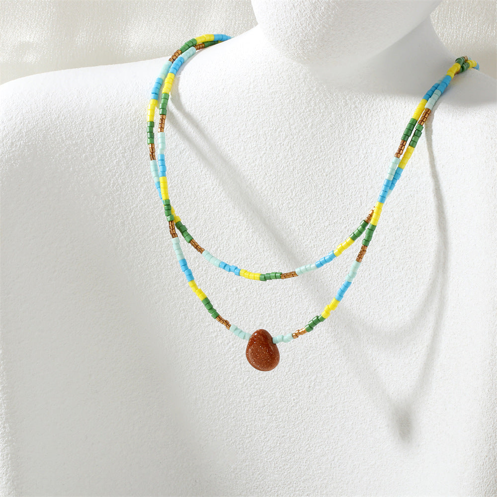 IG Style Geometric Beaded Chain Necklace For Women Featuring Glass Beading And 18K Real Gold Plated Material