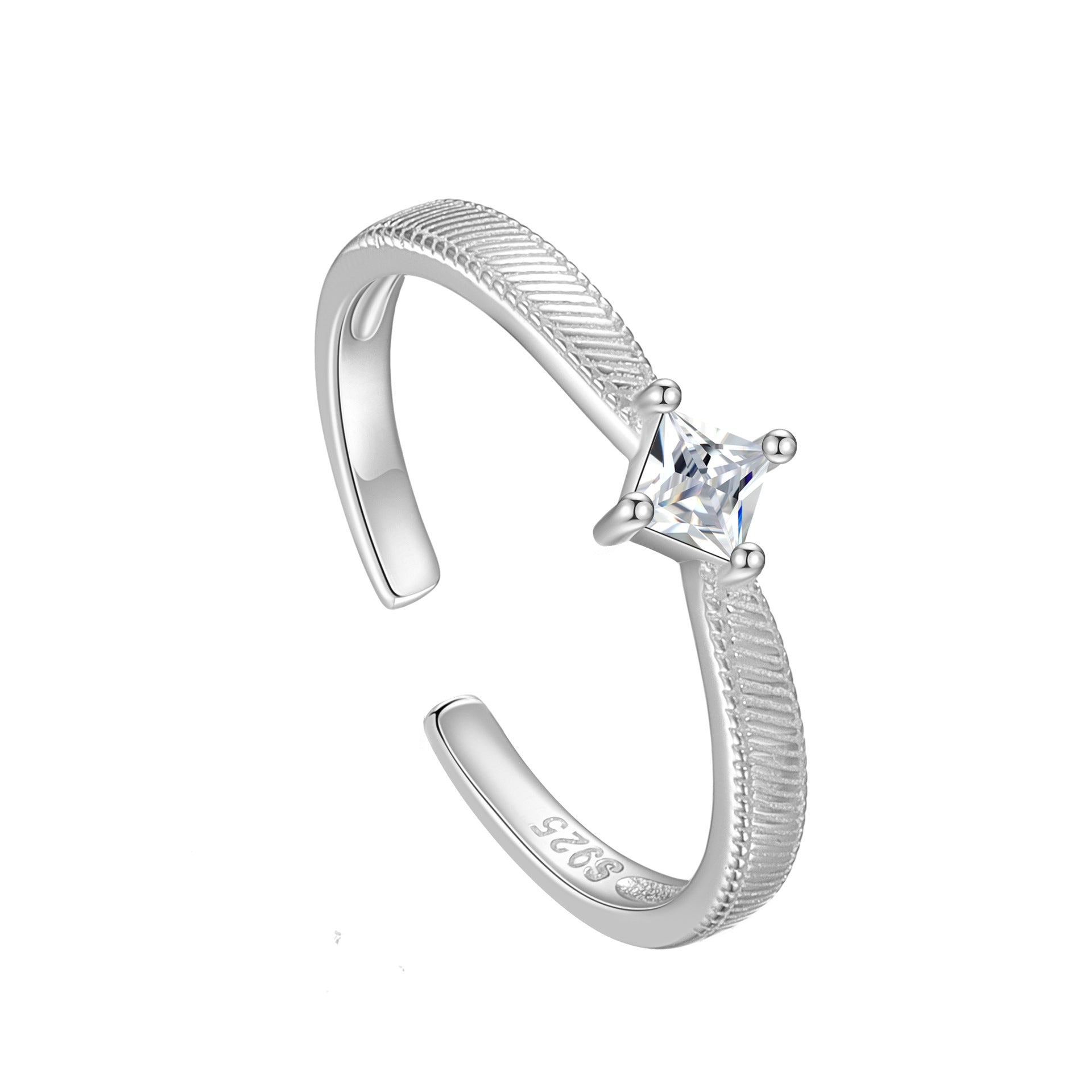 Geometric Open Ring For Women In Simple Style, 925 Sterling Silver With Brushed Finish And Zircon Inlay