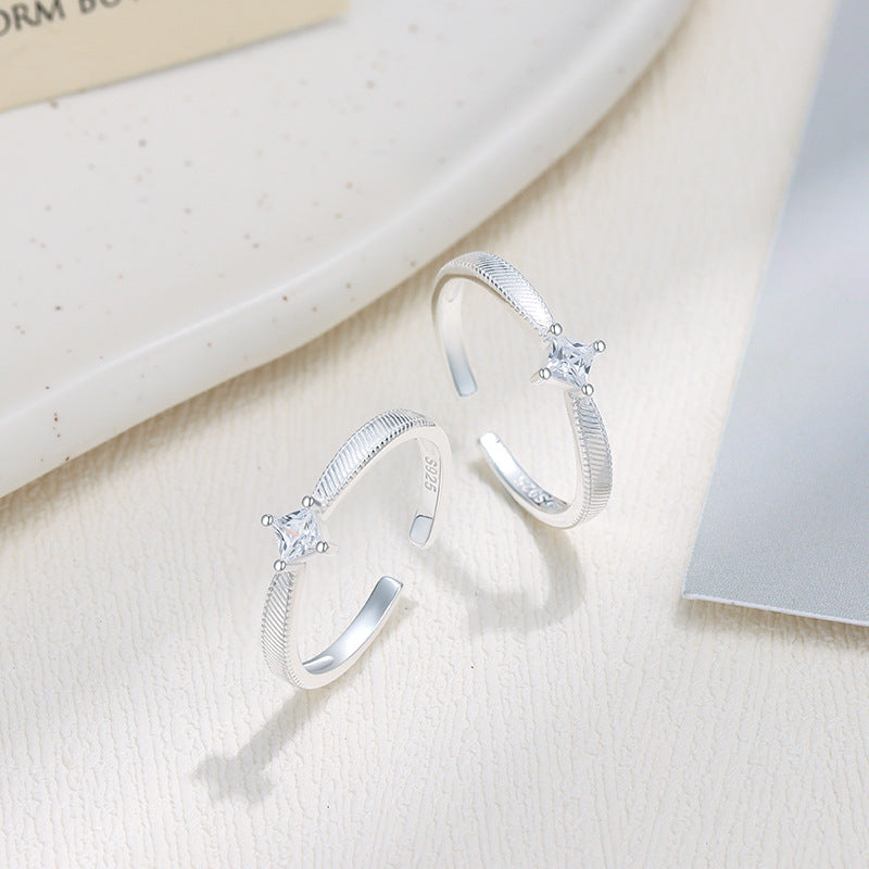 Geometric Open Ring For Women In Simple Style, 925 Sterling Silver With Brushed Finish And Zircon Inlay