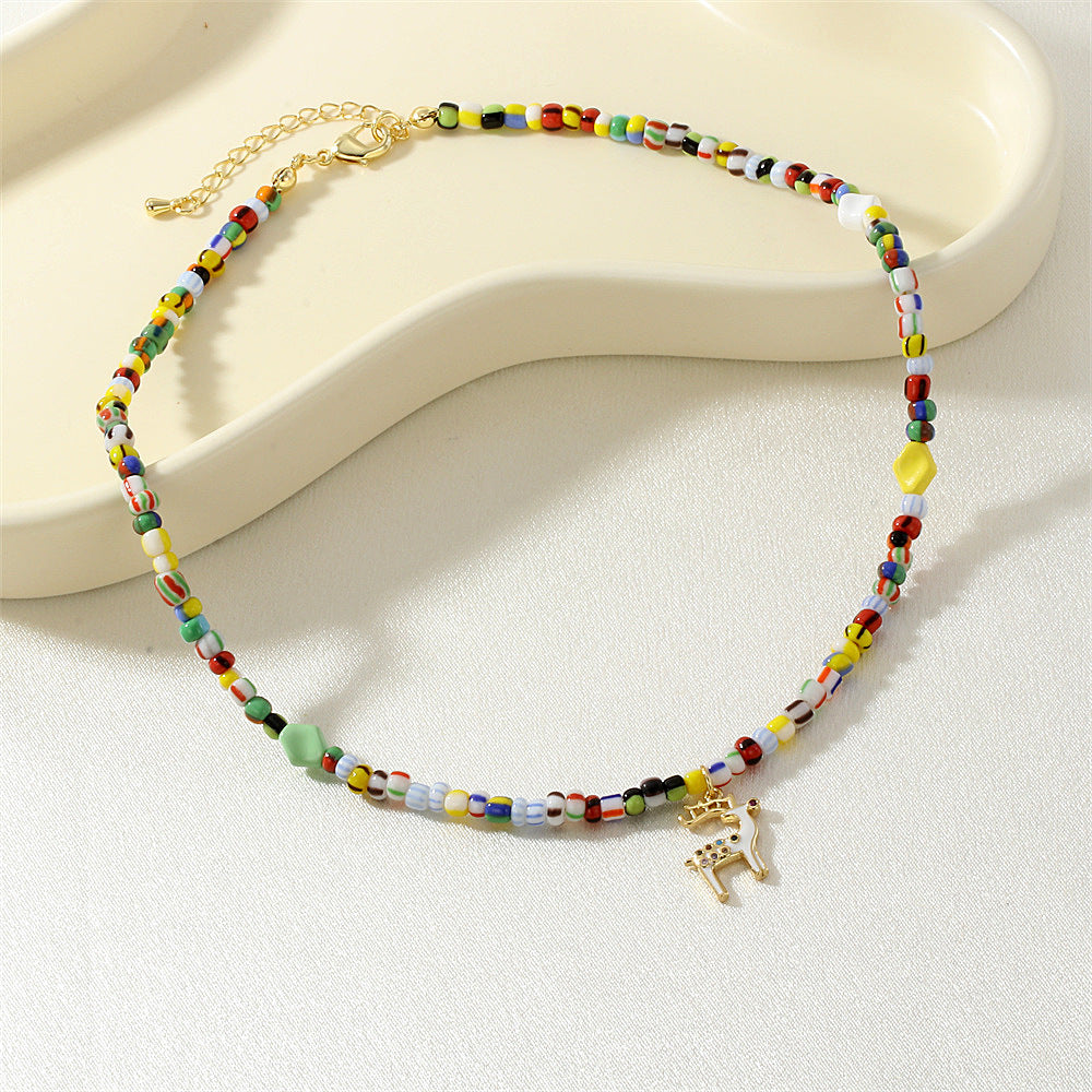 IG Style Geometric Beading Necklace For Women With Glass And Zircon Inlay On Beaded Chain