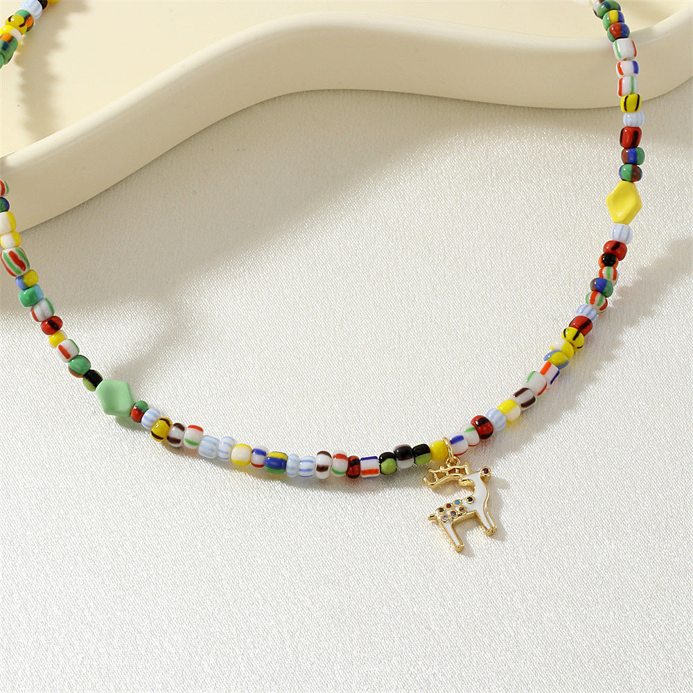 IG Style Geometric Beading Necklace For Women With Glass And Zircon Inlay On Beaded Chain