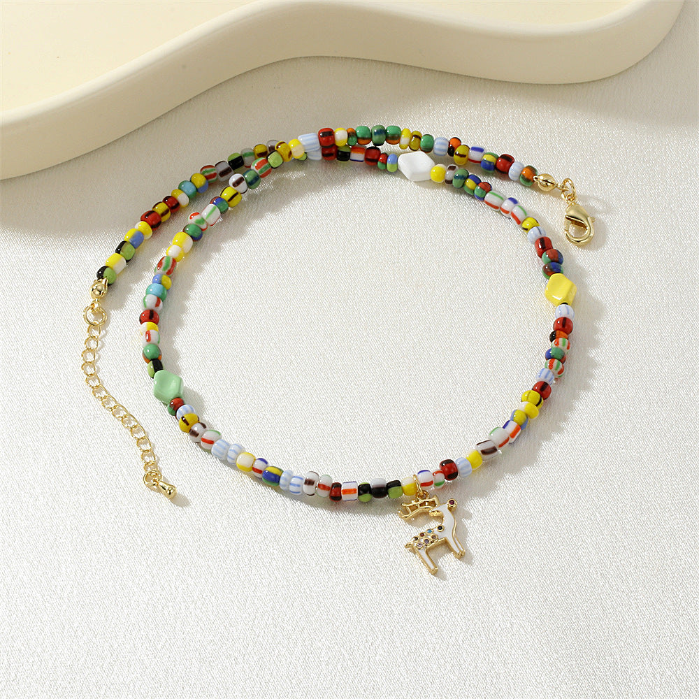 IG Style Geometric Beading Necklace For Women With Glass And Zircon Inlay On Beaded Chain
