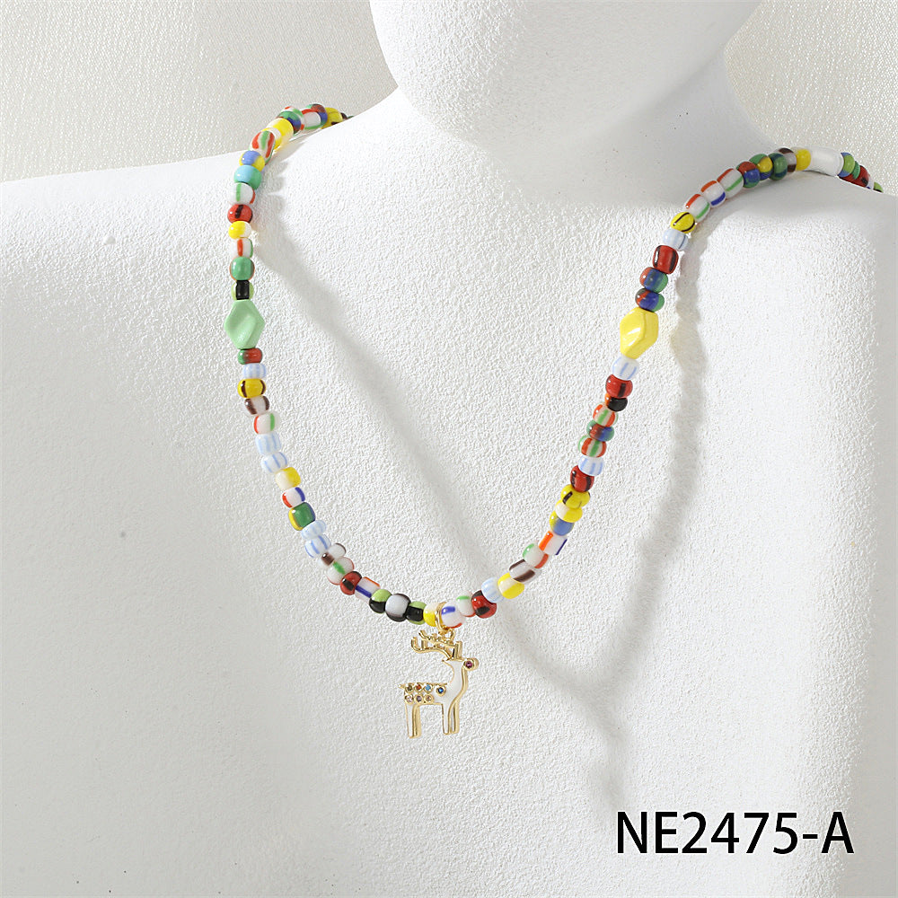 IG Style Geometric Beading Necklace For Women With Glass And Zircon Inlay On Beaded Chain