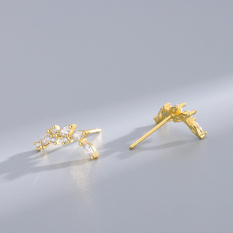 Leaf Stud Earrings In 925 Sterling Silver With Platinum Plating, Zircon Inlay, New Style For Women