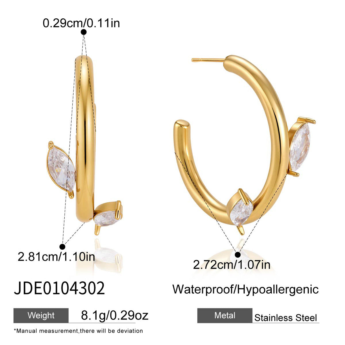 C Shape Earrings For Women, Electroplated 304 Stainless Steel With 18K Real Gold PVD Coated Finish