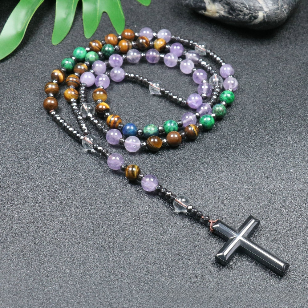 Handmade Purple Cross Rosary Necklace With Natural Stone Gem Pendant For Unisex