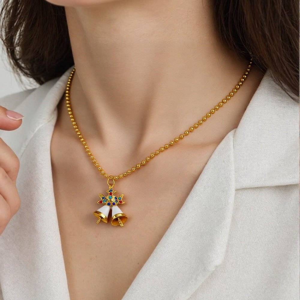 Geometric Enamel Necklace In IG Style For Unisex, Copper Material With Zircon Inlay, 18K Real Gold Plated, Featuring Bead Chain