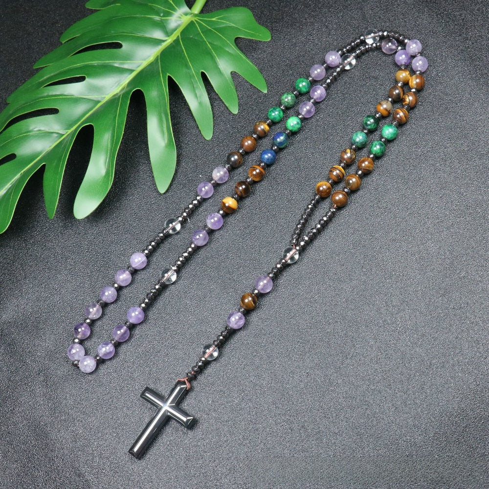 Handmade Purple Cross Rosary Necklace With Natural Stone Gem Pendant For Unisex