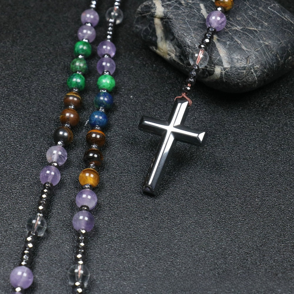 Handmade Purple Cross Rosary Necklace With Natural Stone Gem Pendant For Unisex