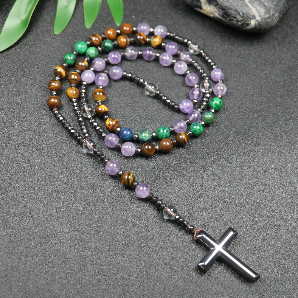 Handmade Purple Cross Rosary Necklace With Natural Stone Gem Pendant For Unisex