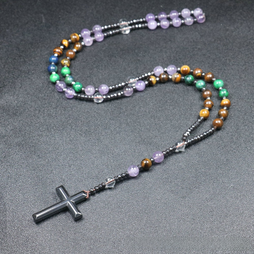 Handmade Purple Cross Rosary Necklace With Natural Stone Gem Pendant For Unisex