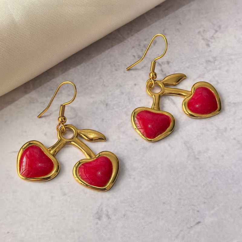 Cherry Cute Drop Earrings For Women With 304 Stainless Steel Ear Pins, Waterproof Non Tarnish Electroplated Finish