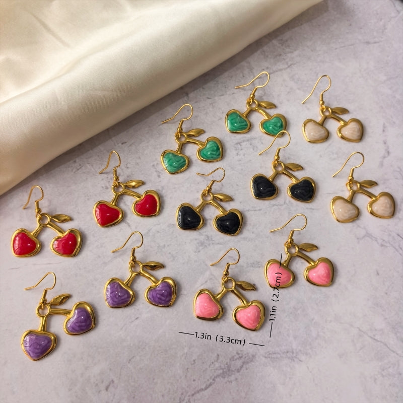 Cherry Cute Drop Earrings For Women With 304 Stainless Steel Ear Pins, Waterproof Non Tarnish Electroplated Finish