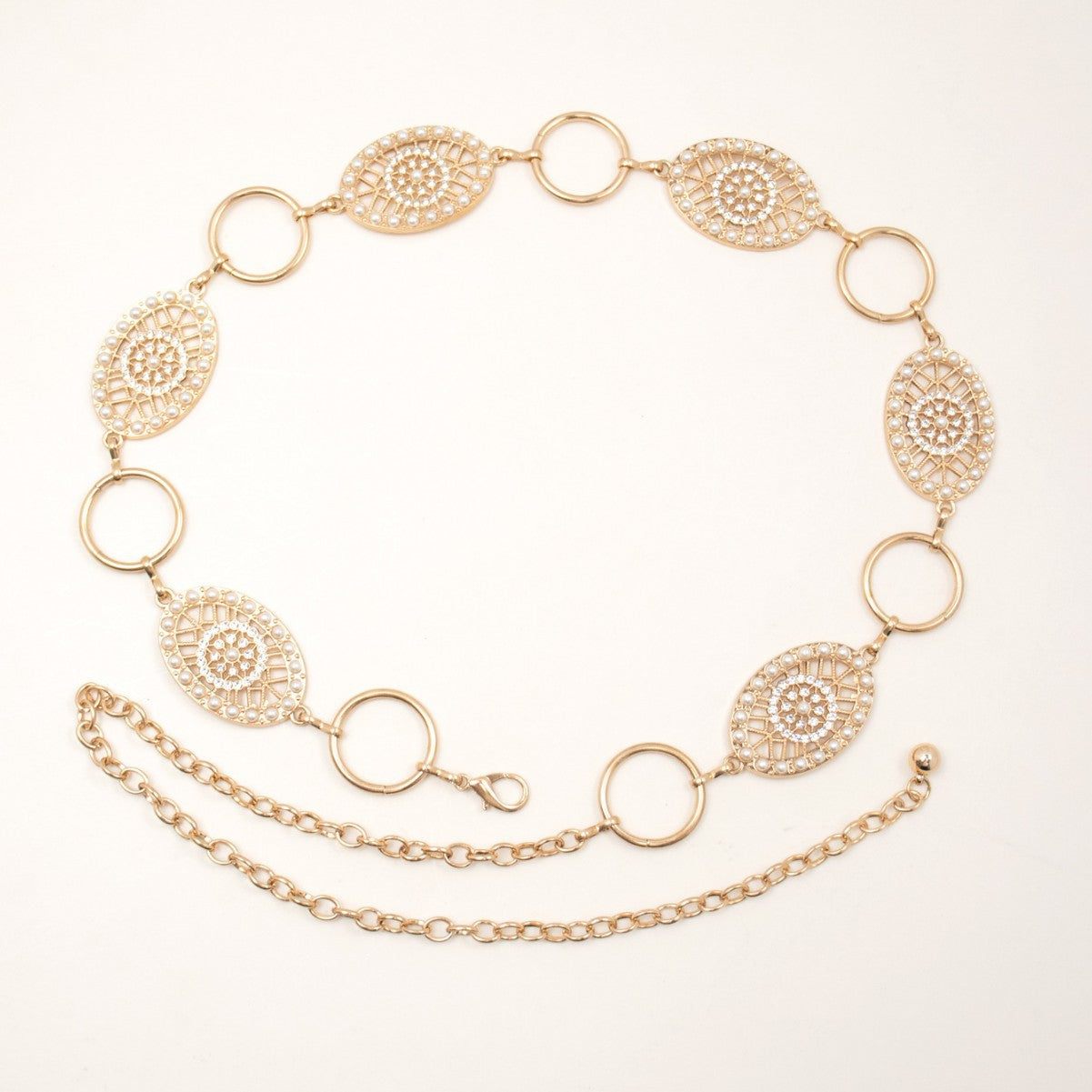 Ethnic Style Women's Pearl Waist Chain In Gold Alloy With Embossing Finish
