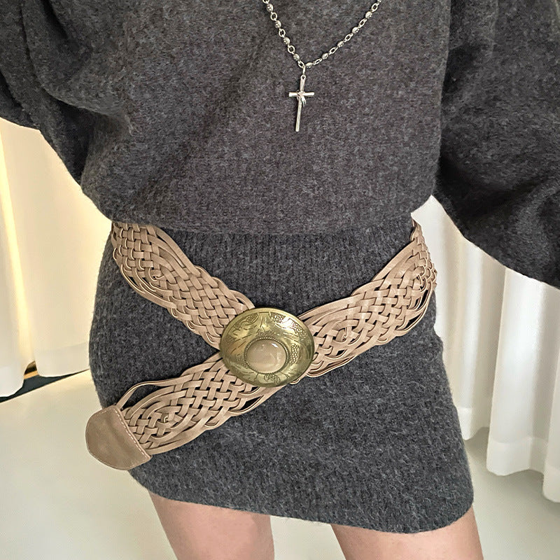 Bohemian Ethnic Braided PU Leather Belt For Women With Alloy Pin Buckle Featuring Braid Surface Finish