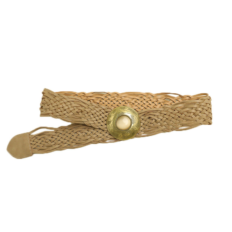 Bohemian Ethnic Braided PU Leather Belt For Women With Alloy Pin Buckle Featuring Braid Surface Finish