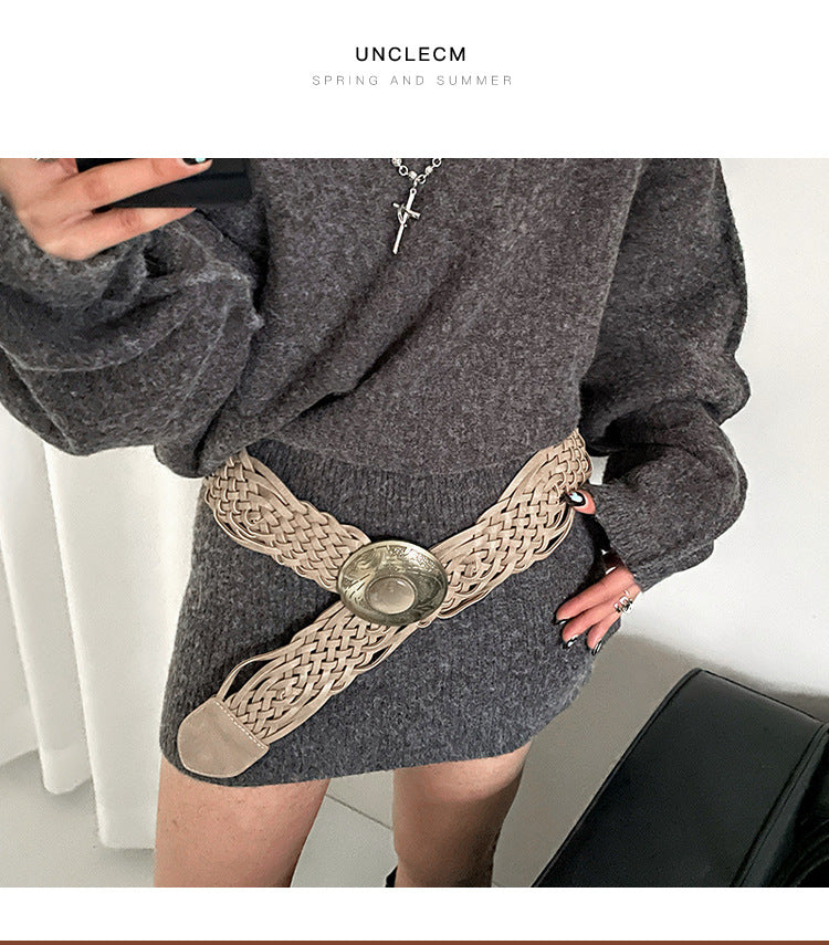 Bohemian Ethnic Braided PU Leather Belt For Women With Alloy Pin Buckle Featuring Braid Surface Finish