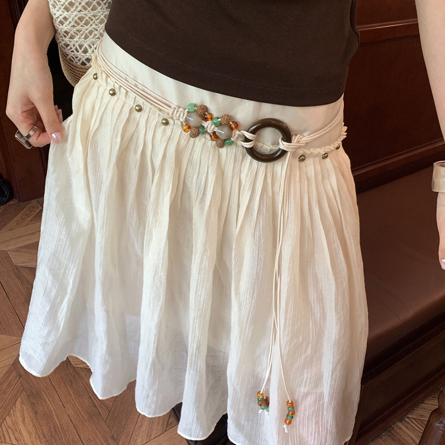 Ethnic Style Women's Waist Chain Belt With Wood Automatic Buckle, Beading Material And Braid Finish