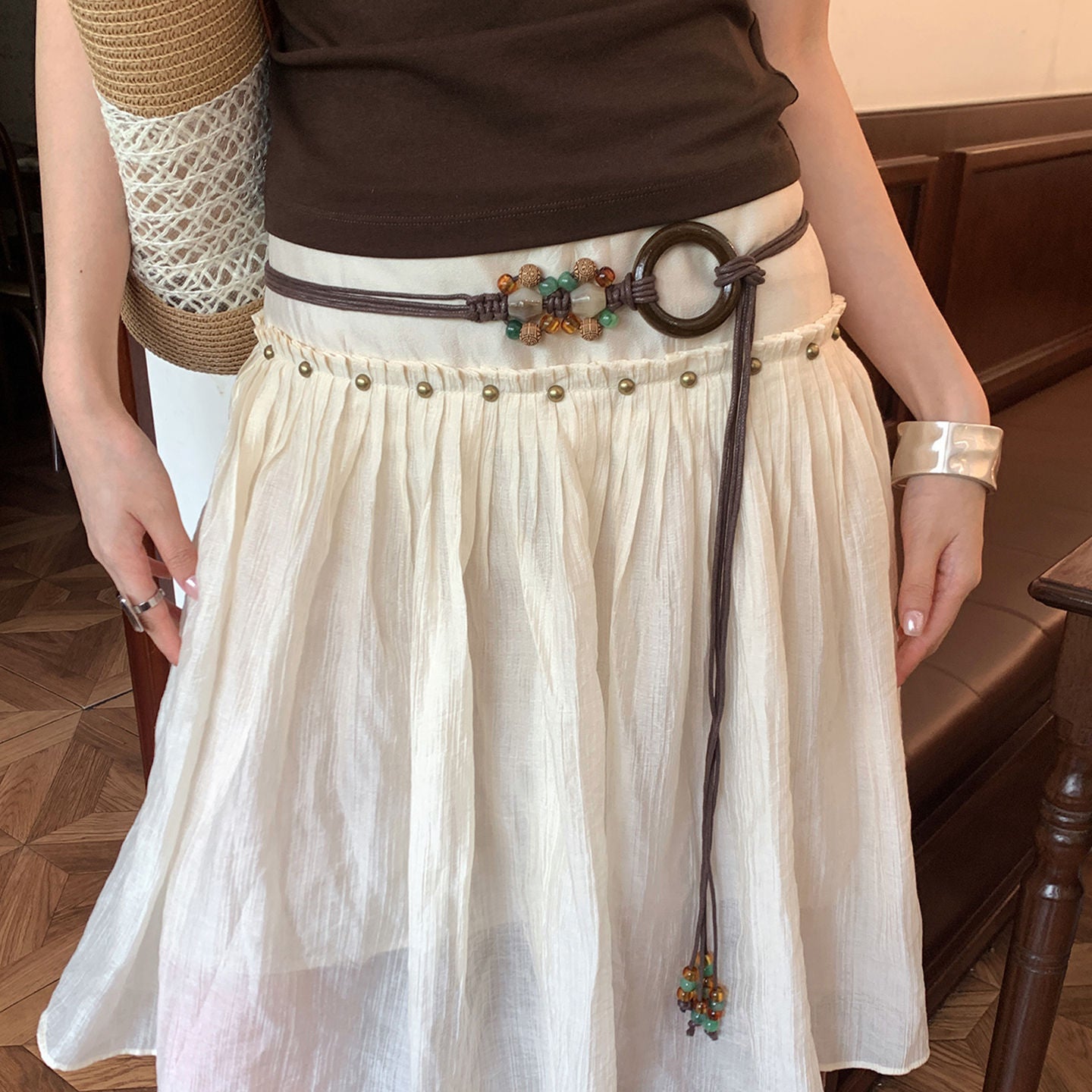 Ethnic Style Women's Waist Chain Belt With Wood Automatic Buckle, Beading Material And Braid Finish