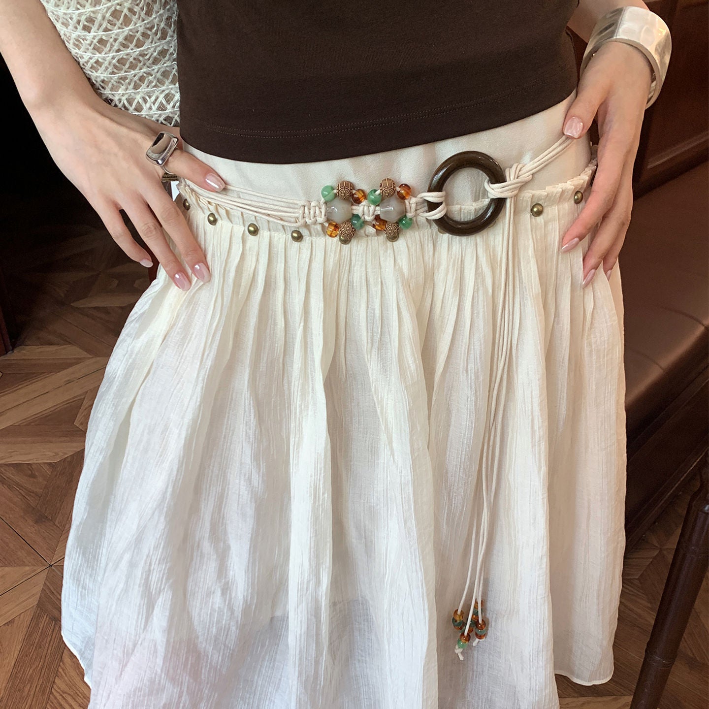 Ethnic Style Women's Waist Chain Belt With Wood Automatic Buckle, Beading Material And Braid Finish