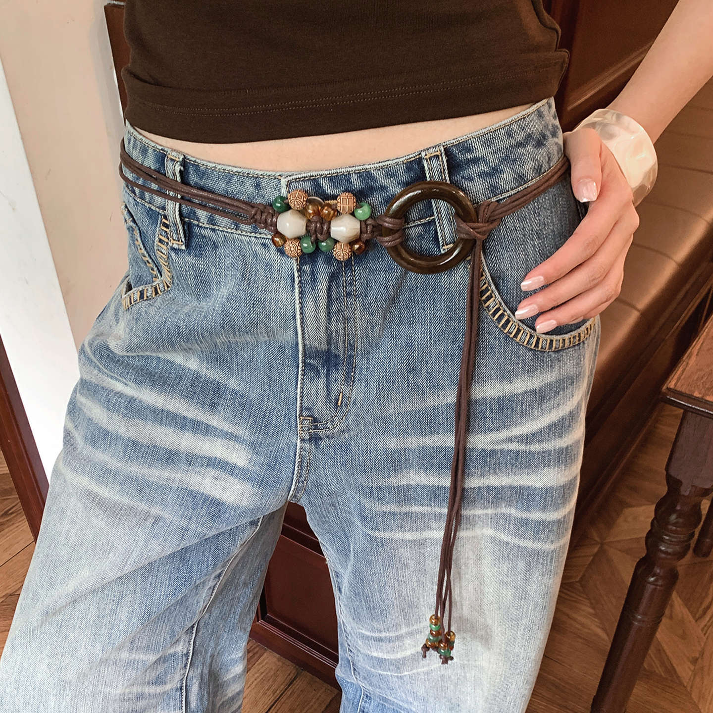 Ethnic Style Women's Waist Chain Belt With Wood Automatic Buckle, Beading Material And Braid Finish