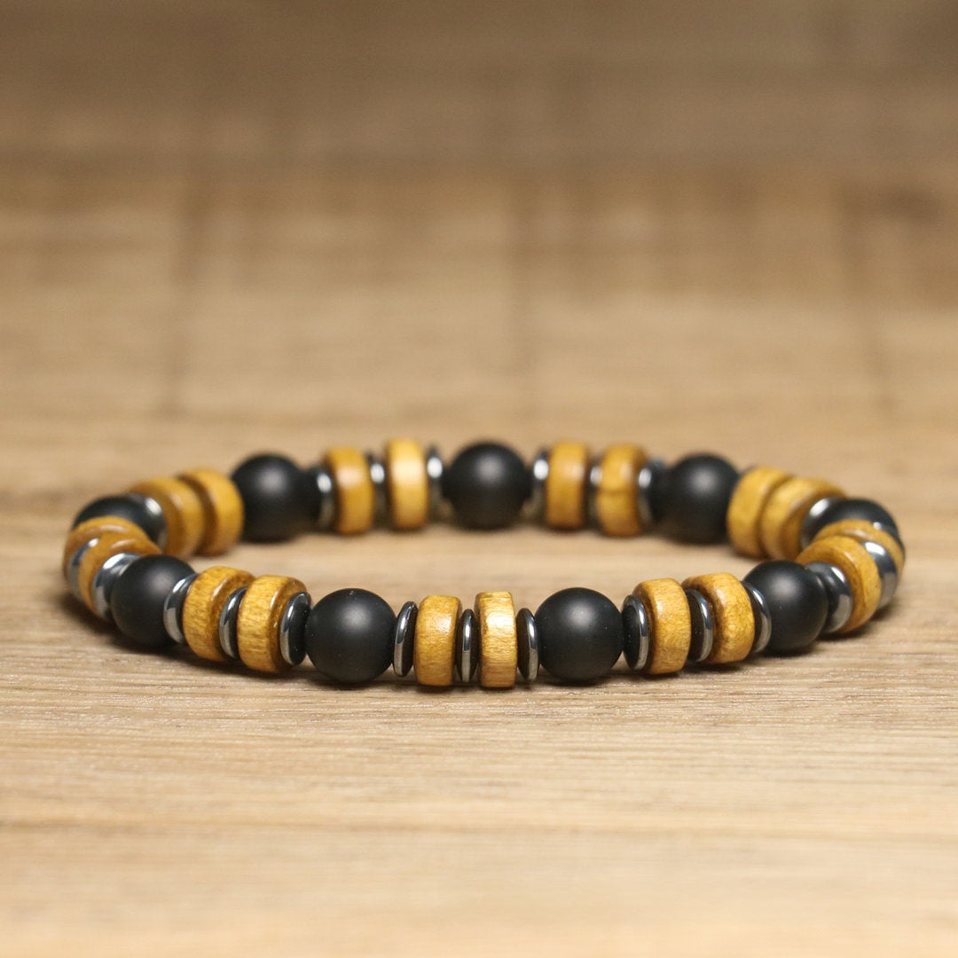 Men's Simple Style Rhombus Beading Bracelet With Dyed Black Natural Stone And Agate Inlay On Elastic String