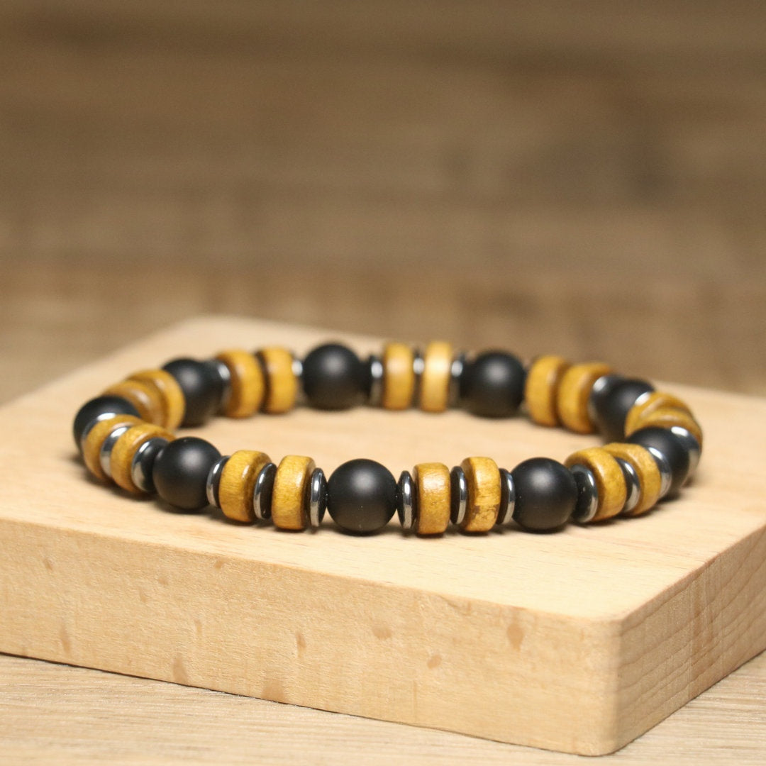 Men's Simple Style Rhombus Beading Bracelet With Dyed Black Natural Stone And Agate Inlay On Elastic String