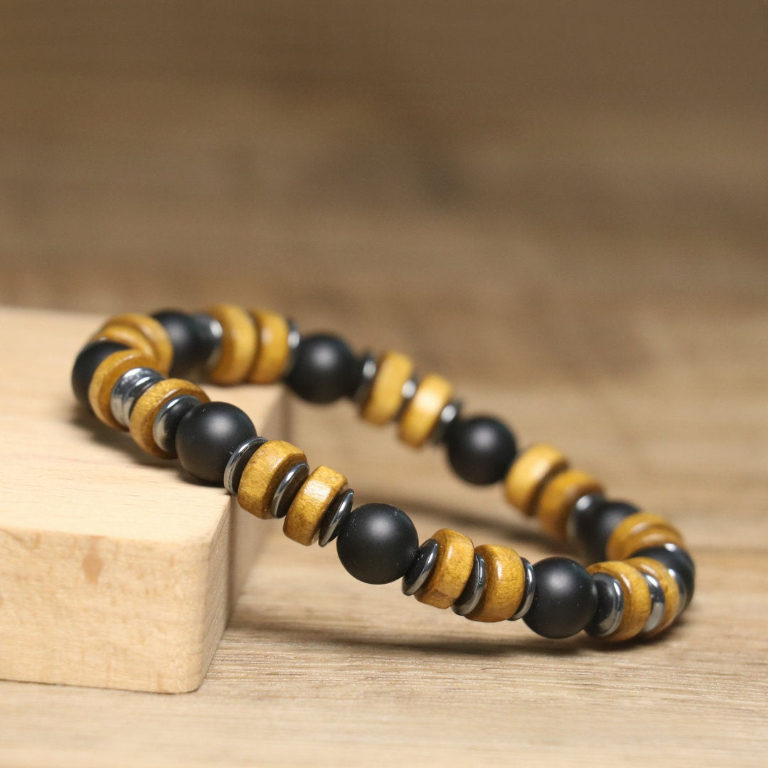 Men's Simple Style Rhombus Beading Bracelet With Dyed Black Natural Stone And Agate Inlay On Elastic String