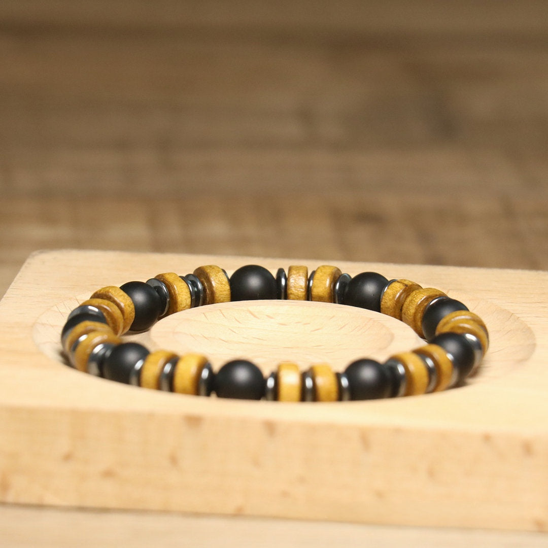 Men's Simple Style Rhombus Beading Bracelet With Dyed Black Natural Stone And Agate Inlay On Elastic String
