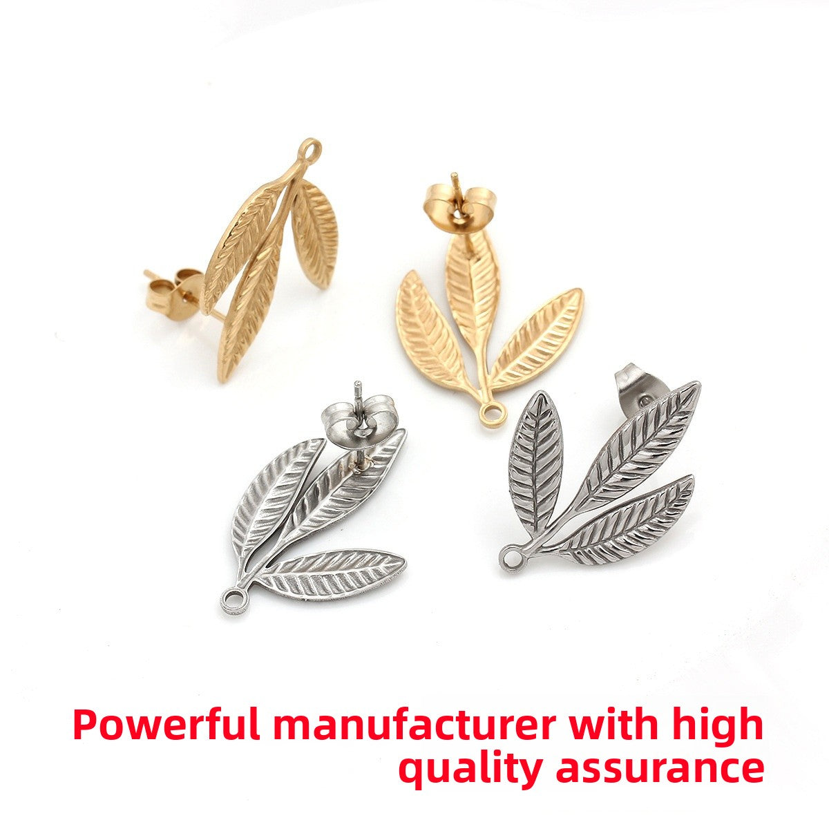 Leaf Earring Findings In Titanium Steel With 18K Real Gold Plated PVD Coated Electroplated Finish, 1 PCS/Package