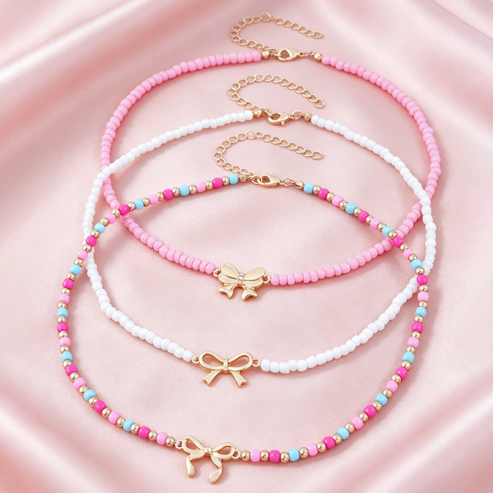 Bohemian Bow Tie Necklace For Kids With Beaded Chain Featuring Alloy And Seed Bead Inlay In Colour