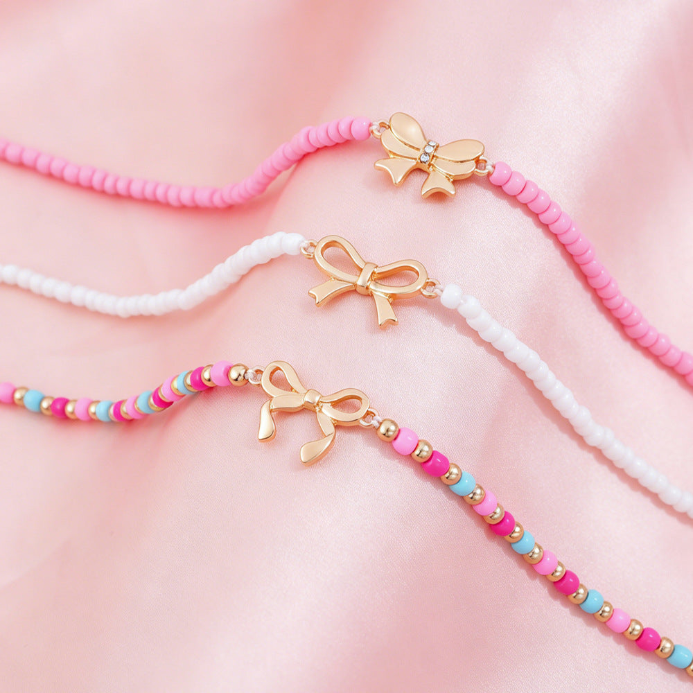 Bohemian Bow Tie Necklace For Kids With Beaded Chain Featuring Alloy And Seed Bead Inlay In Colour