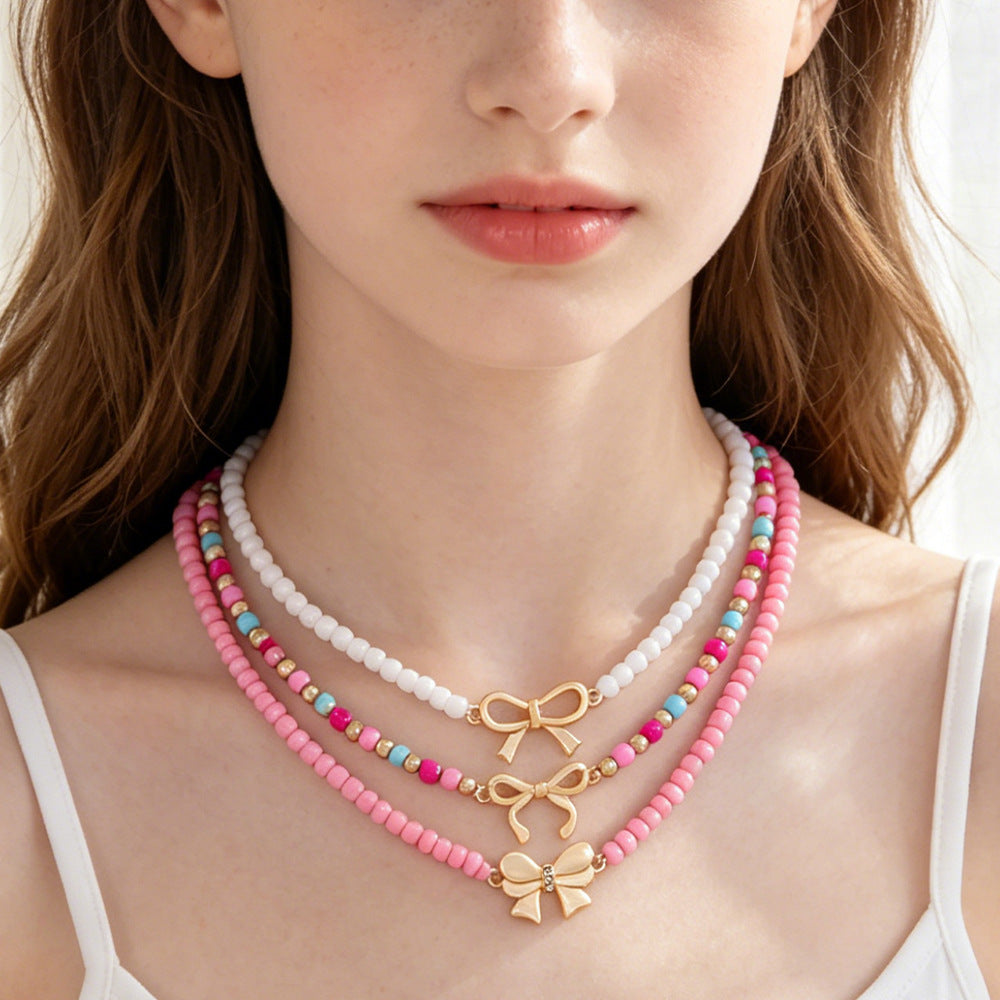 Bohemian Bow Tie Necklace For Kids With Beaded Chain Featuring Alloy And Seed Bead Inlay In Colour