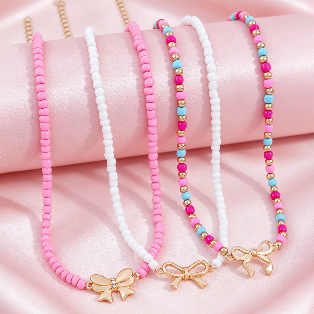 Bohemian Bow Tie Necklace For Kids With Beaded Chain Featuring Alloy And Seed Bead Inlay In Colour